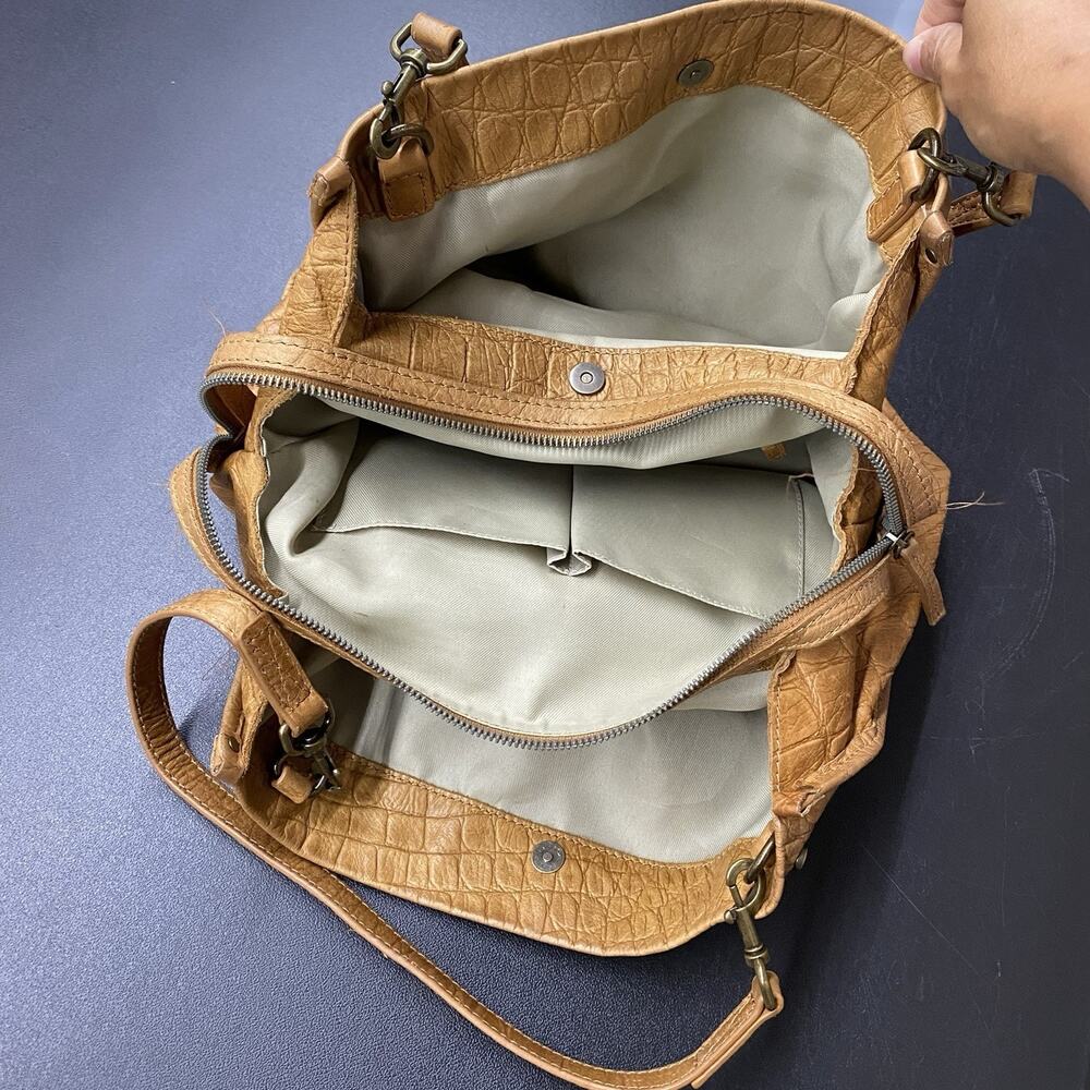 American Leather Co. Lenox Triple Entry Satchel Cafe Latte Debossed Croc Pattern - Picture 3 of 15